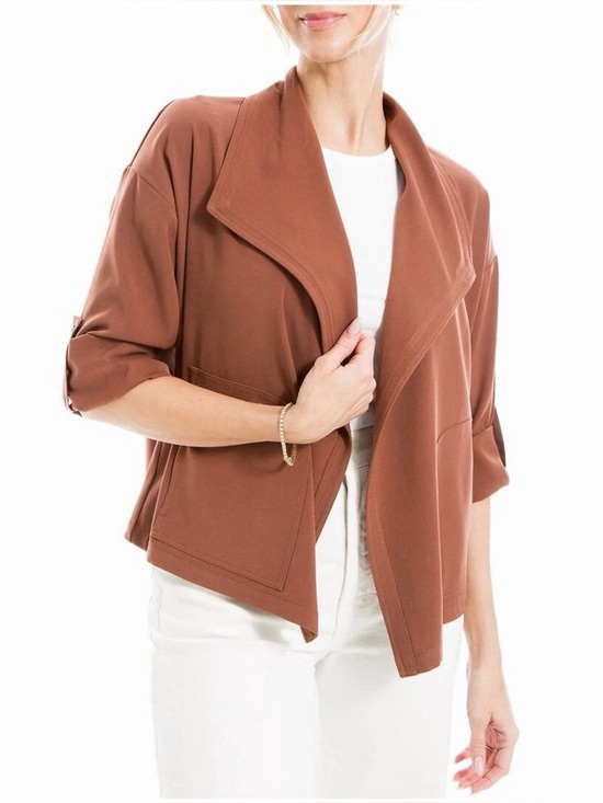 Max Studio London Brown Cropped Open Front Jacket | Lightweight Blazer